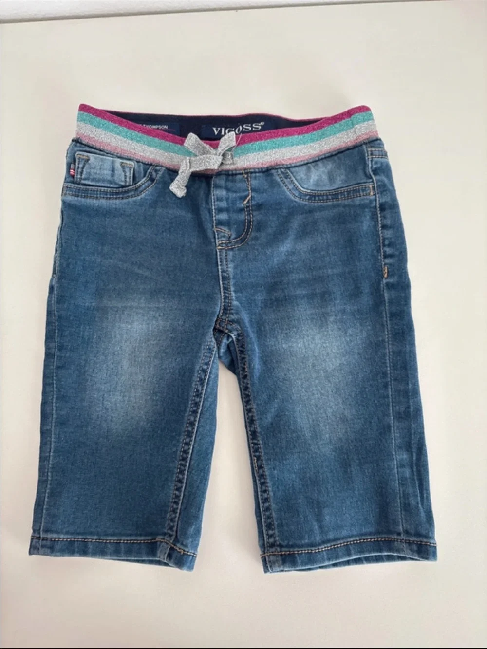 Girl Denim Joggers Trio with Pink Waistband and Silver Bow 3-pieces 5/6